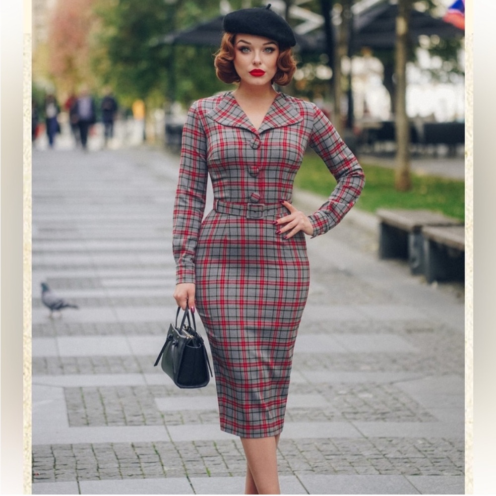 British Retro Plaid Long-Sleeve Dress with Belt Size UK 12 US 8